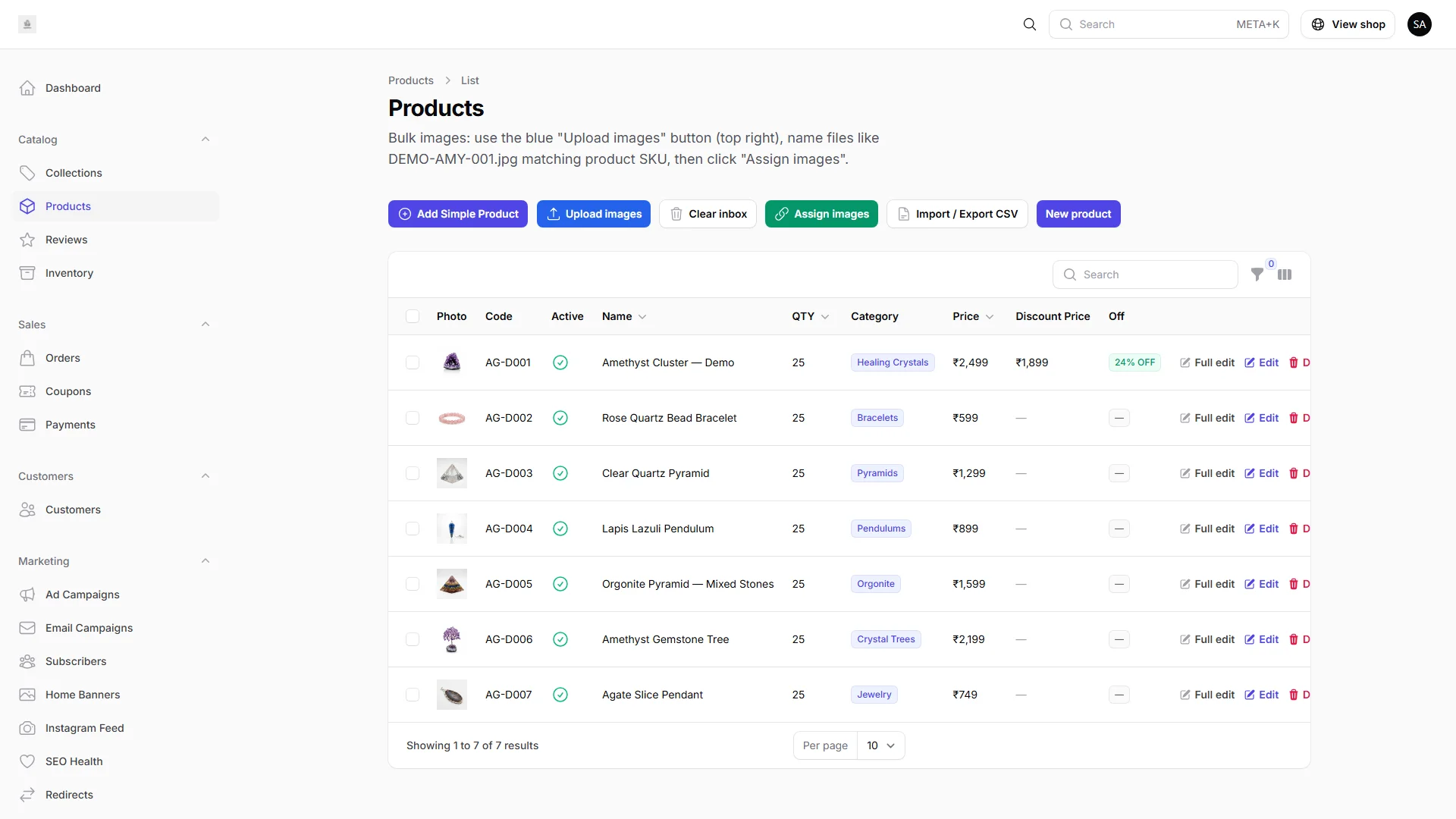 IMNORIO admin products list with names, prices, stock levels, and status columns.