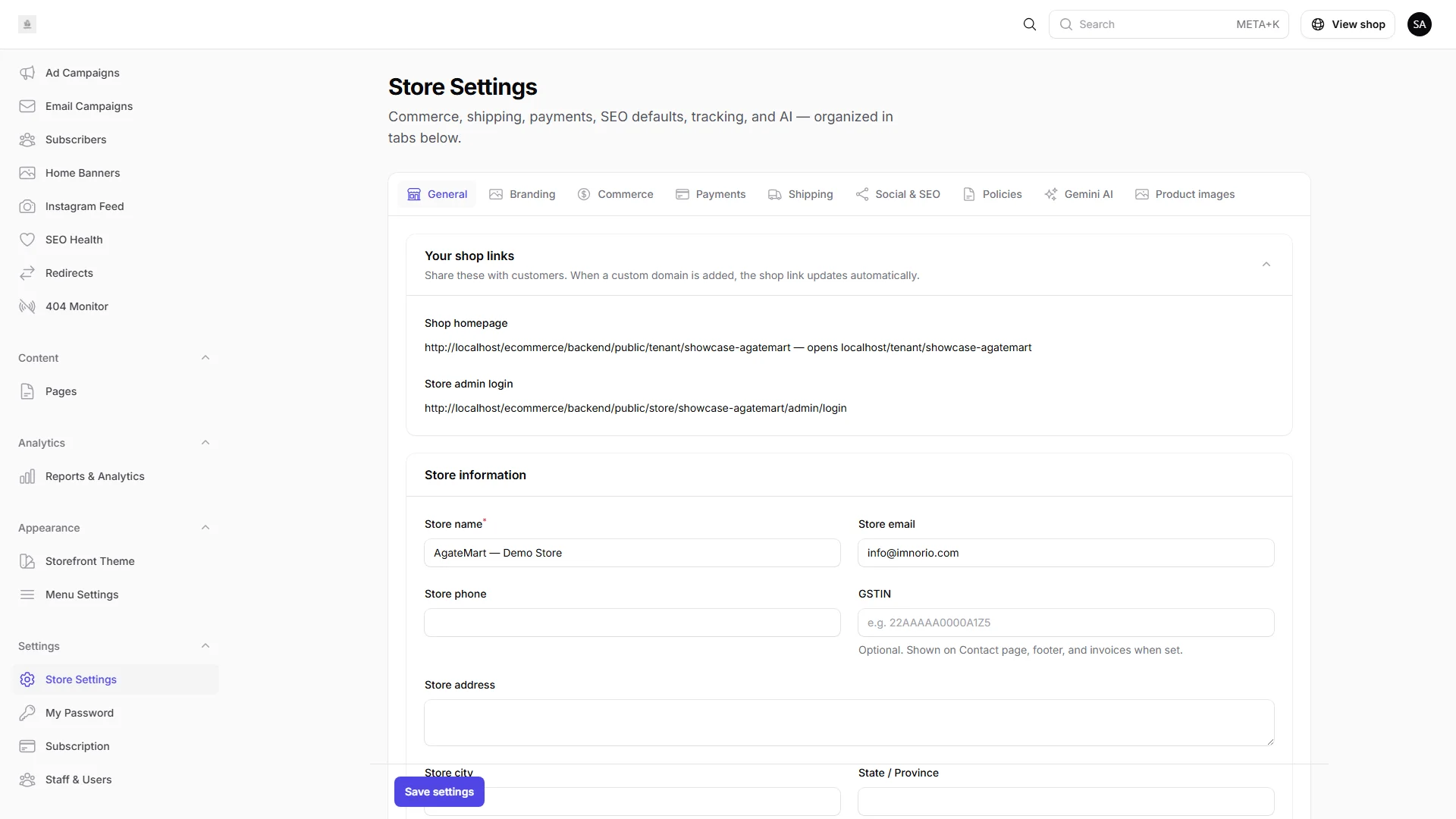 IMNORIO store settings with branding, payments, and shipping configuration tabs.